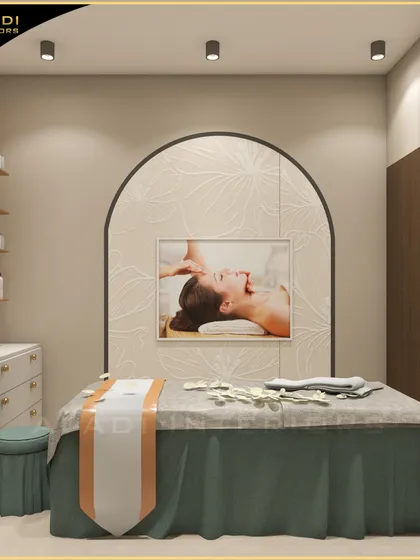 I design spa treatment rooms to be sanctuaries of calm. This 3D render highlights a serene aesthetic, featuring a soft, neutral color palette, an elegant arched feature wall with subtle texture, and custom-lit shelving for a touch of bespoke luxury.