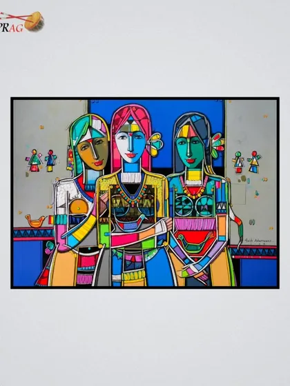 A painting by Girish Adannavar of three women, their colorful attire and bold forms celebrating the spirit of sisterhood and community.