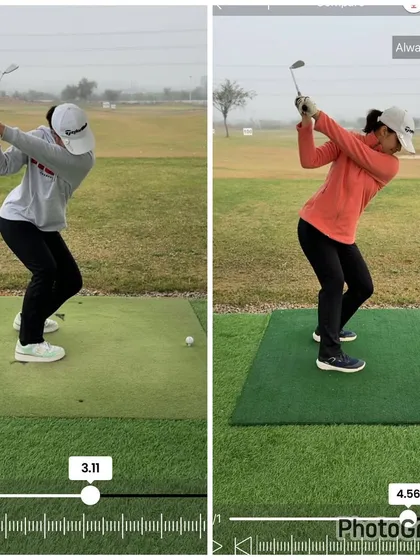 The top of the swing. The "after" position is more compact and powerful, eliminating the previous disconnect.