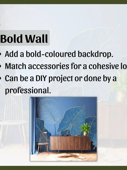 Creating a bold accent wall is a cost-effective way to add a dramatic focal point. You can use a deep paint color or a striking wallpaper to instantly transform the vibe of a room.