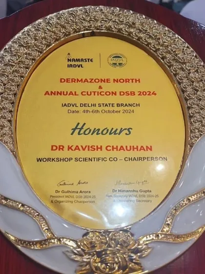 A close-up of the Presidential Appreciation award presented to Dr. Kavish Chouhan at the DERMAZONE NORTH conference.