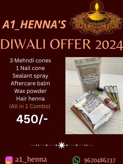 My All-in-One Diwali Combo has a little bit of everything. It includes mehndi cones, a nail cone, aftercare products, wax powder, and hair henna.