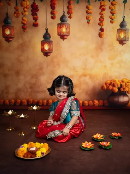 A candid moment as she looks down at the diyas, surrounded by marigold flowers. These are the quiet, beautiful moments I love to capture during festive shoots.