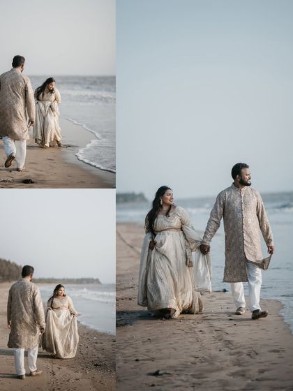 A collage showing candid moments of a couple's walk on the beach, highlighting their natural interactions and connection.