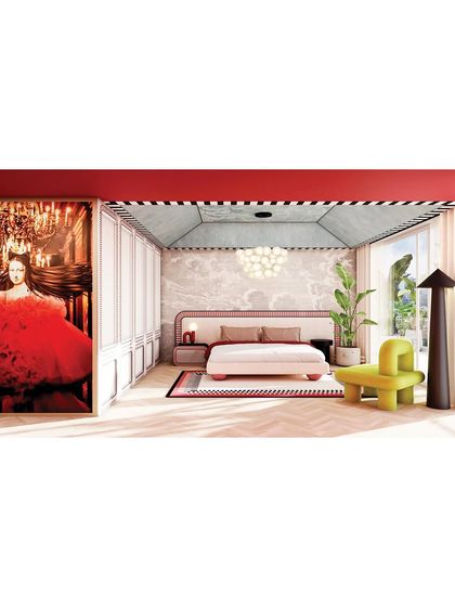 Another view of the bedroom, with a dramatic, oversized artwork of a woman in a red dress, creating a bold focal point.