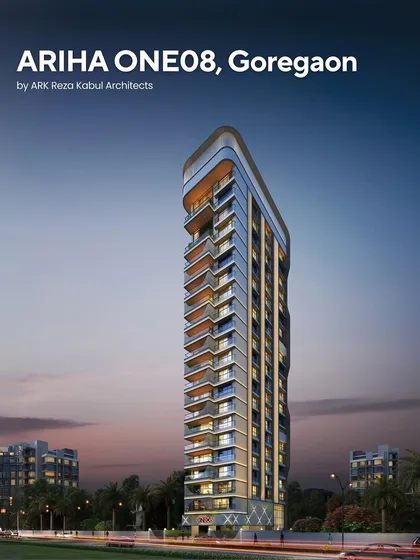 A render of Ariha One08 in Goregaon. This contemporary 21-storey residential tower is designed with a sleek, modern aesthetic that emphasizes light, openness, and a connection to the skyline.