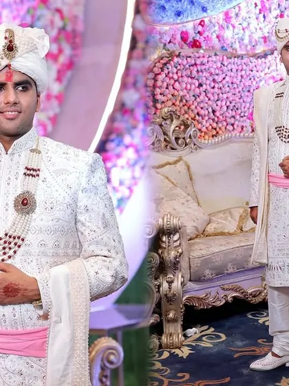 A collage of the groom in his white and pink wedding sherwani, posing against the decorated stage.