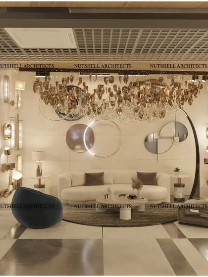 Our expertise extends to commercial spaces where brand identity is key. For this lighting showroom, we designed an immersive experience with dramatic archways and curated displays that allow each fixture to tell its own story.