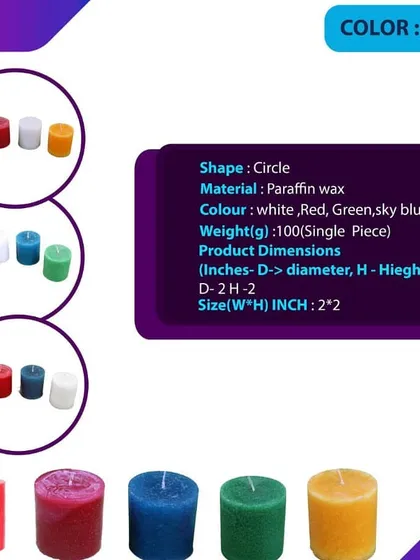 Here you can see the variety of colors available for my standard 2x2 inch round pillar candles. I offer them in red, dark red, blue, green, and yellow, perfect for mixing and matching.