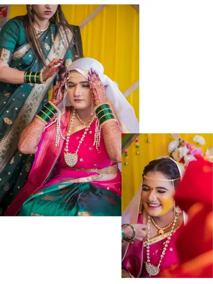 A collage showing the bride during her Haldi rituals, capturing both solemn and joyful expressions.