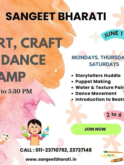 This poster for our Art, Craft & Dance Camp highlights the blend of activities we offer for children aged 2 to 6. The camp includes storytellers huddles, puppet making, and an introduction to beats and dance movement.