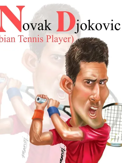 A dynamic caricature of Serbian tennis star Novak Djokovic in action.