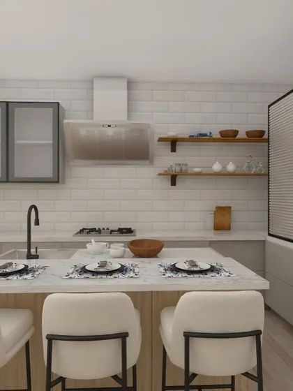 This render shows how the kitchen island can provide extra seating and countertop space, making it a must-have feature if your space allows.