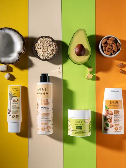 This graphic, color-blocked composition for the Taupe skincare line showcases each product and its key ingredient. This modern approach to group product photography is ideal for e-commerce banners, social media graphics, and digital ad campaigns.