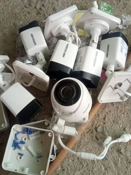 A collection of new Hikvision cameras and mounting boxes ready for a project. I always come prepared with all the necessary high-quality components for a clean and secure installation.