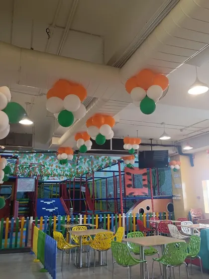 The view of our play area from the cafe, all decorated for Independence Day. It's important to me that Kydoland is a place where we can celebrate our culture and festivals together.