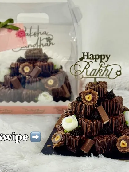 For a truly impressive Rakhi gift, I created this brownie tower. It's a stack of 21 fudgy mini brownies drizzled with Nutella and topped with a festive "Happy Rakhi" sign, perfect for a family to share.