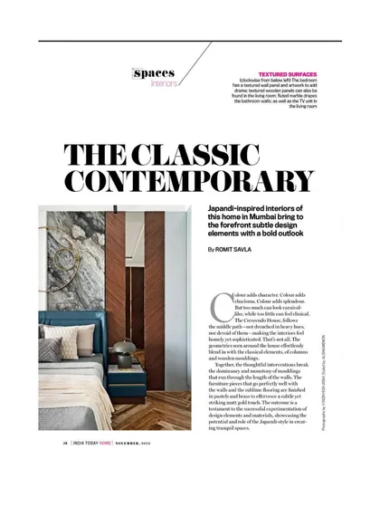 The cover page of the feature in India Today Home, titled "The Classic Contemporary," which perfectly describes the design ethos of this project.
