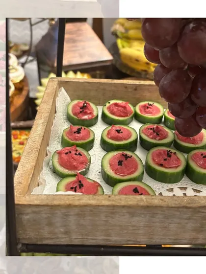 A refreshing and beautiful canapé. These cucumber cups are filled with a creamy beetroot dip and topped with black sesame seeds, offering a cool and crunchy bite.