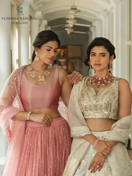 For this Vummidi Bangaru Jewellers campaign, we styled two distinct but complementary looks to showcase their modern bridal collection. The soft pink and elegant ivory lehengas were chosen to highlight the intricate floral diamond and ruby jewellery sets, creating a vision of contemporary bridal elegance.