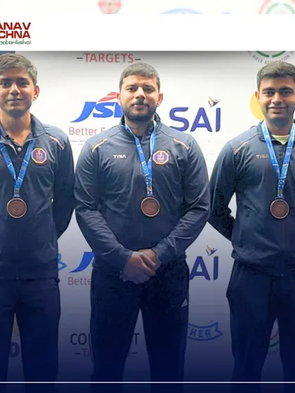 The podium moment for Kunal Rana and his team, who secured the Bronze Medal in the 50m Free Pistol event at the 67th National Shooting Championships in New Delhi.