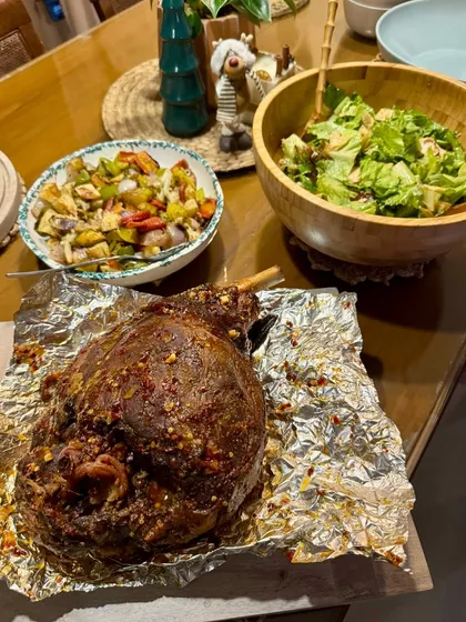 A centerpiece for any celebration, our Karthakaad ham leg. The pork is marinated and slow-cooked in a glaze of mixed citrus, honey, and peppers, all sourced from our estate in Coorg, creating a tender and flavorful roast.