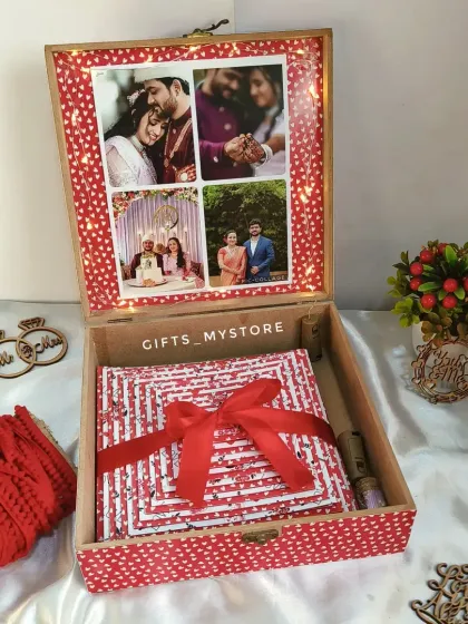 The inside of the memory box, showing the pyramid album and a space for photos on the lid.