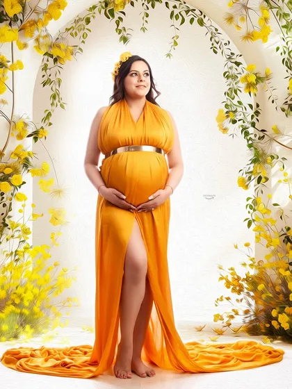 A joyful and vibrant portrait using a custom floral arch with bright yellow flowers. The matching yellow gown and floral headband complete this sunny, cheerful look for a beautiful pregnancy photo.