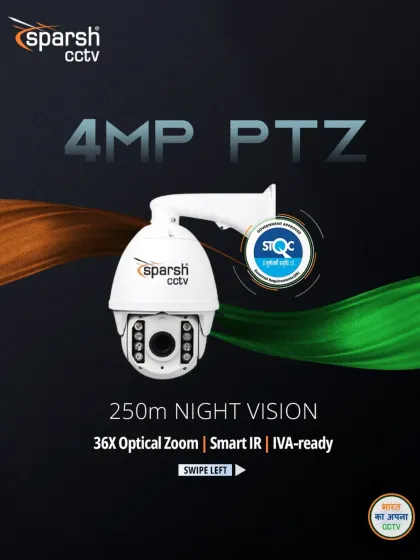 For large area surveillance, our 4MP PTZ camera is the perfect solution. It offers 250m night vision, a powerful 36X optical zoom, and smart IR, all certified by STQC for reliability.