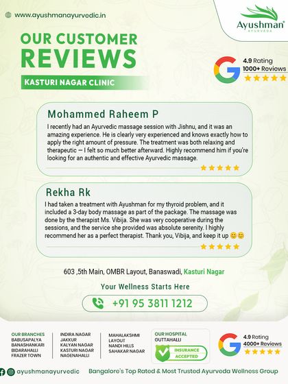 These reviews from our Kasturi Nagar clinic showcase the effectiveness of our Ayurvedic massages for both therapeutic and relaxation purposes. Patients highlight the skill of our therapists in applying the right pressure for effective relief from conditions like thyroid problems.