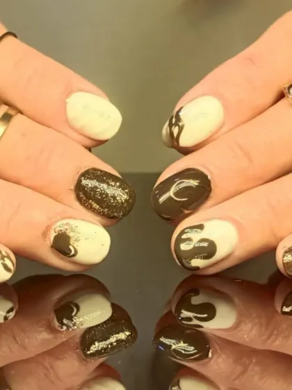 A fun and delicious-looking design with chocolate-brown swirls and drips over a creamy white base.