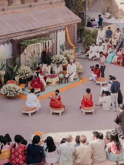 An overhead view of the beautiful 'Santosham' themed Ganesh Puja, held in the serene courtyard of the fort.