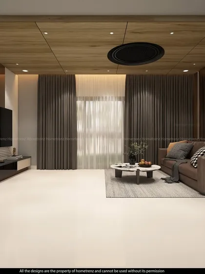 A wide view of the living room, showing the floating TV unit and the contrast between the white flooring and the warm wood ceiling. The design is modern, clean, and spacious.
