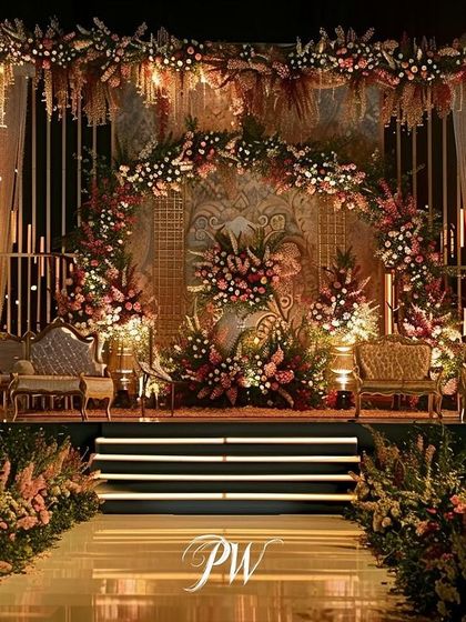 A royal reception stage with a rich, warm color palette. The design features a floral arch, intricate backdrops, and soft lighting to create a sophisticated and grand ambiance.