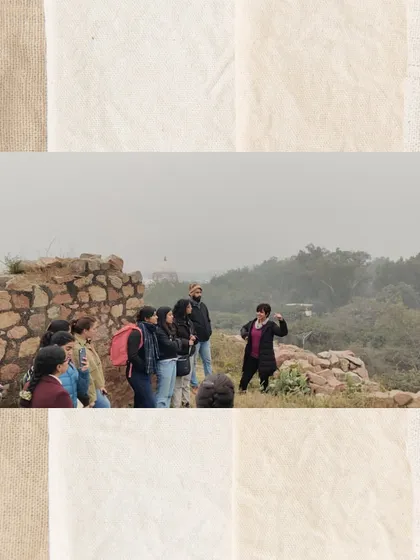 Overlooking the vast expanse of Tughlaqabad, I point out the location of the causeway connecting the fort to the Sultan's tomb. This view helps us understand the urban planning of the 14th century.