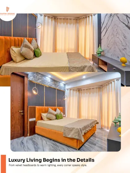Luxury begins in the details. This bedroom features a vibrant orange velvet bed, a textured wall with marble accents, and warm, inviting lighting.