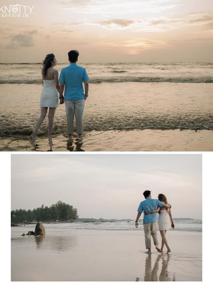 Chasing the sunset on a Thai beach. These images capture the couple watching the ocean together and walking along the shore, creating a sense of shared dreams and peaceful togetherness.