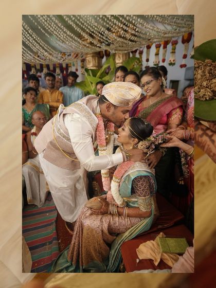 A collage capturing a tender kiss on the forehead during the wedding ceremony.