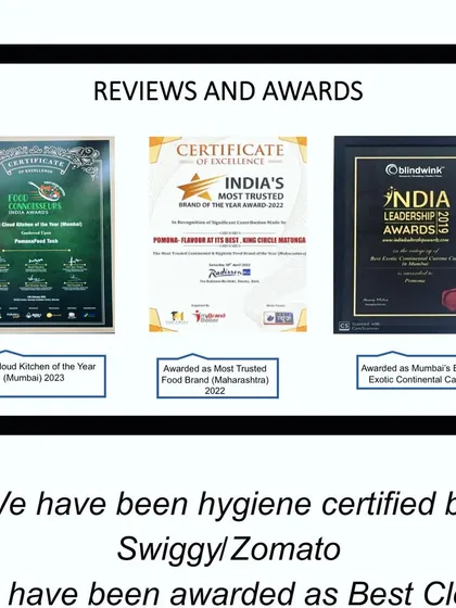 A compilation of my awards and certifications. This includes being named 'Best Cloud Kitchen of the Year 2023', 'India's Most Trusted Food Brand 2022', and receiving an India Leadership Award for 'Mumbai's Best Exotic Continental Cafe'.