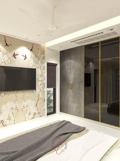This render showcases the full view of the bedroom, including the TV wall and the custom wardrobes, giving a complete picture of the final design.
