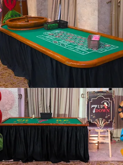 To enhance the Gatsby theme, I brought in professional casino tables like this roulette setup. Interactive game zones are a great way to encourage networking and engagement among guests.