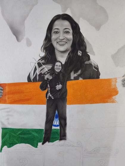 A work-in-progress shot showing the challenge of blending colored pencils for the flag with the graphite and charcoal of the portrait.