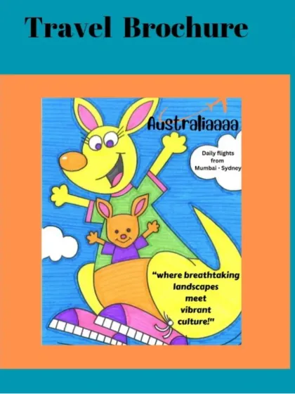Students design their own travel brochure, like this one for Australia. This project combines cartooning, lettering, and layout design to create an eye-catching and informative piece.