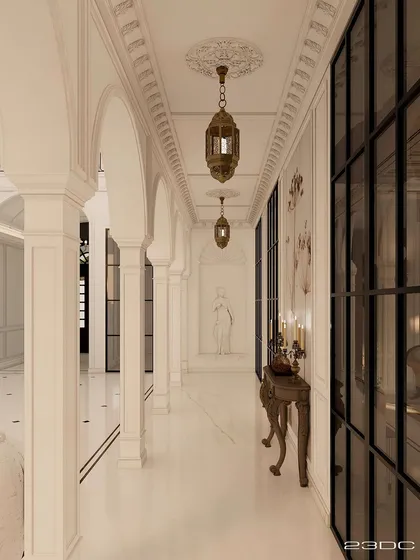 This passageway features a series of classical columns and arches, illuminated by traditional lanterns. The design creates a rhythmic procession through the space, blending architectural grandeur with a sense of serene movement.