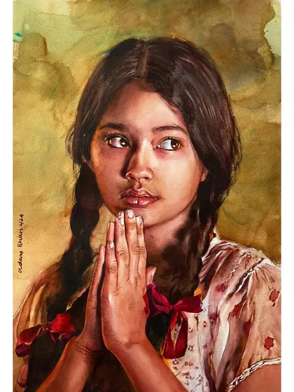 The finished version of the portrait of the young girl, showing the completed details in her clothing and the soft, glowing background.