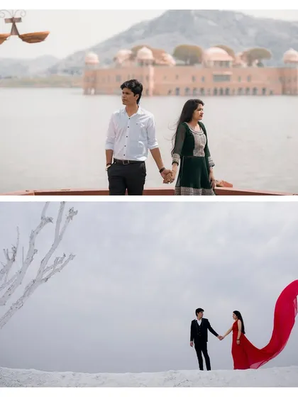This composite image highlights two of my most requested shoot locations. We can capture an iconic portrait with the Jal Mahal palace in the background and then create a completely different, dramatic look with a flowing red gown at my exclusive film city set.