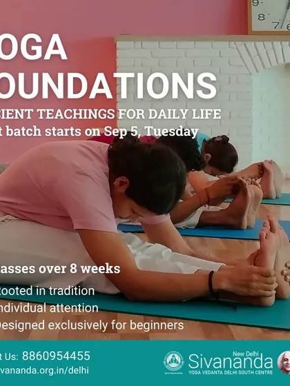 This image captures the essence of our Yoga Foundations course, focusing on ancient teachings for daily life. Students are practicing Paschimottanasana (Seated Forward Bend) with focus and dedication.