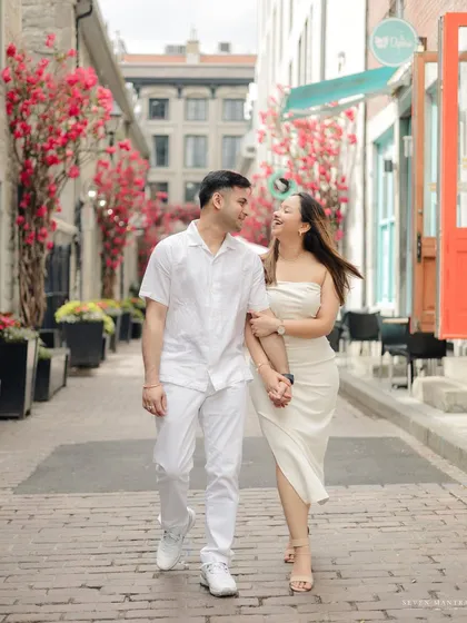 A walk through the charming, flower-lined streets of Old Montreal. This destination pre-wedding shoot shows how we find beauty in urban settings, creating a story that feels both personal and picturesque.