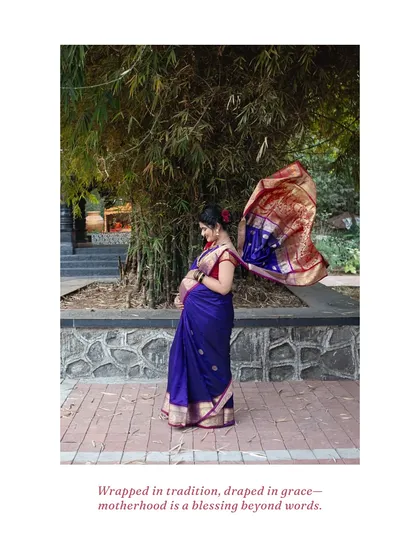 There is a special kind of grace in tradition. For this outdoor shoot, we used a beautiful flowing saree to create a timeless portrait that feels both divine and deeply personal, celebrating motherhood as a blessing.