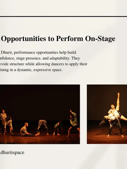 We provide opportunities to perform on stage, which helps build confidence, stage presence, and adaptability. It's a chance to apply your training in a dynamic, expressive space.